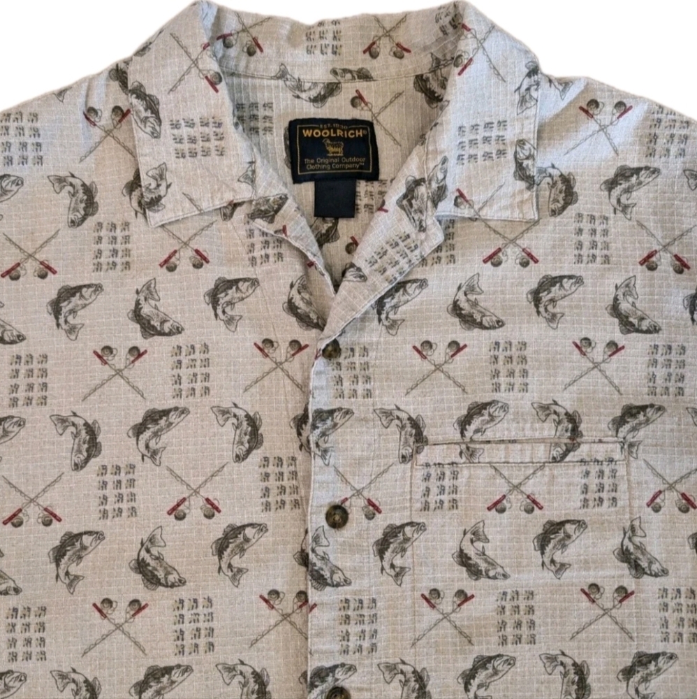 Woolrich Mens Med Short Sleeve Cotton Weave Fishing Bass Button Up Shirt Outdoor
